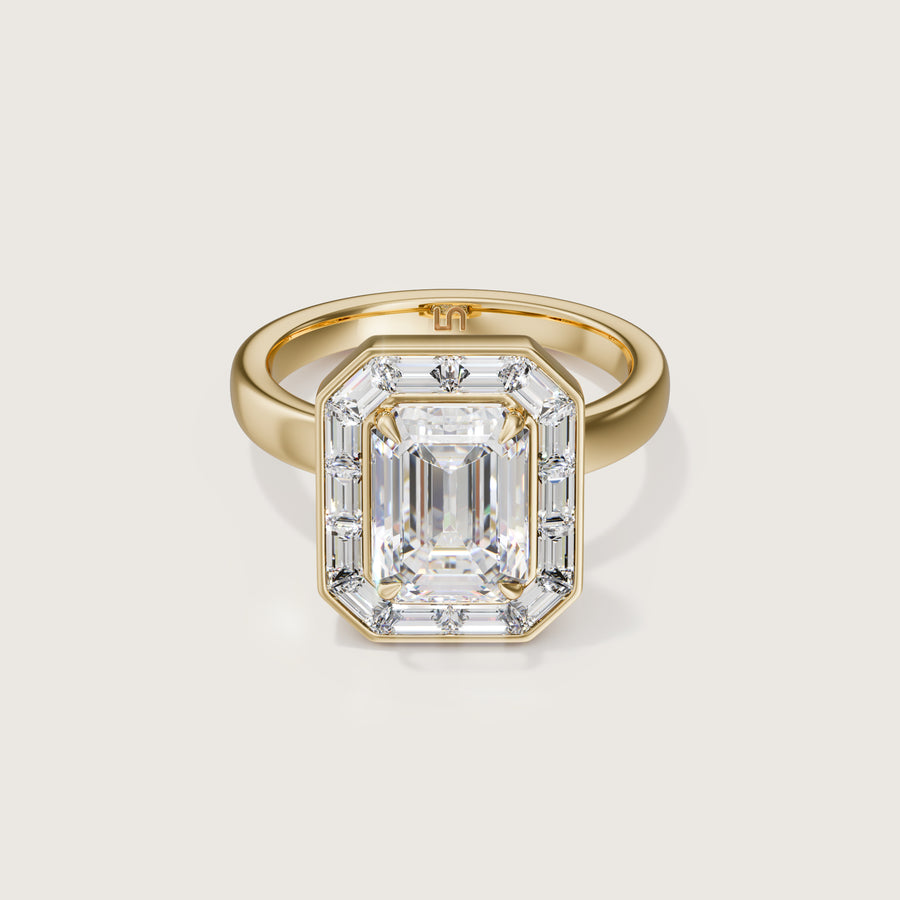 Tutus Emerald and Baguette Halo Diamond Engagement Ring