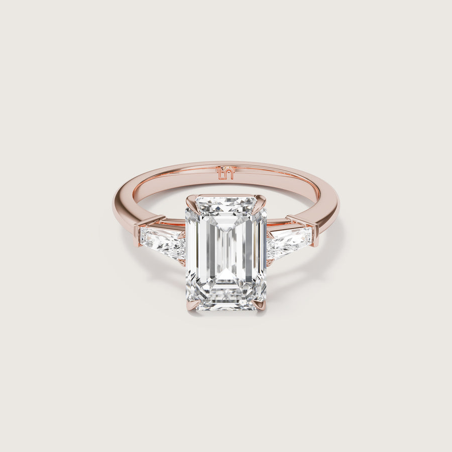Mayfair 3 stone trilogy emerald Lindelli rose gold engagement ring  